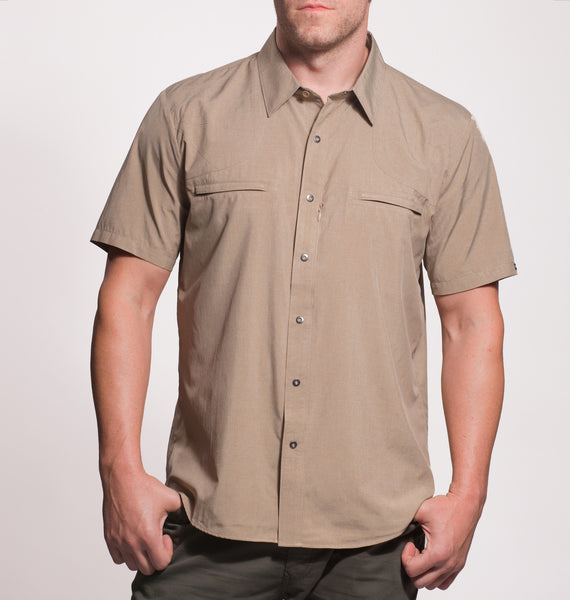 short sleeve Kalahari Sand Tan Khaki color front view